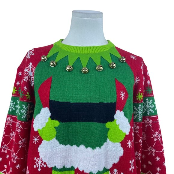 Off The Rack Mens Red & Green Acrylic Ugly Christmas Elf Sweater W/ Bells Sz M - Picture 4 of 8